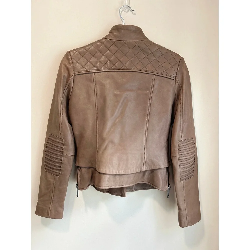 MICHAEL Michael Kors Genuine Leather Moto Jacket Sz XS Taupe Brown Quilted Biker